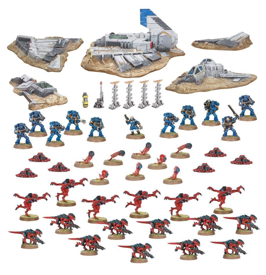 The miniatures and terrain included in the new Warhammer 40K "Battle for Macragge" box set.