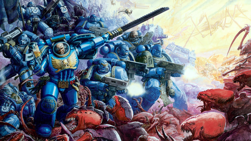 A group of Ultramarine Space Marines battling an army of Tyranids during the Battle of Macragge.