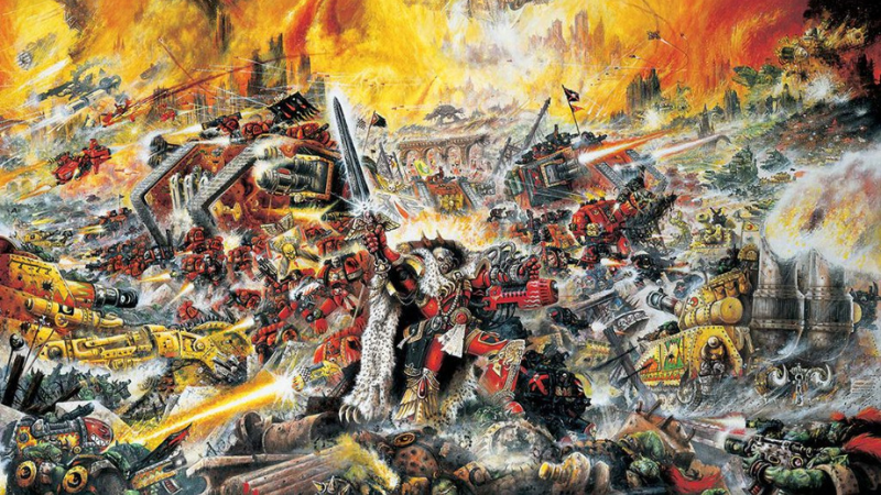 Warhammer 40K art by John Blanche, featuring an army of Space Marines battling a horde of orks.