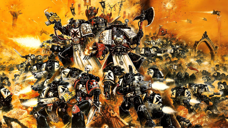 Illustration from Warhammer 40K artist John Blanche, featuring an army of Black Templar space marines in battle.