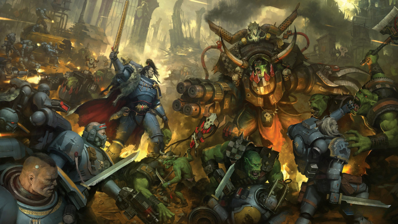 A Warhammer 40K battle between an army of Space Marines and an army of Orks.