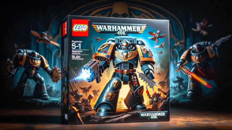 An AI-generated mockup of a fictional LEGO Warhammer 40K Space Marine box set.