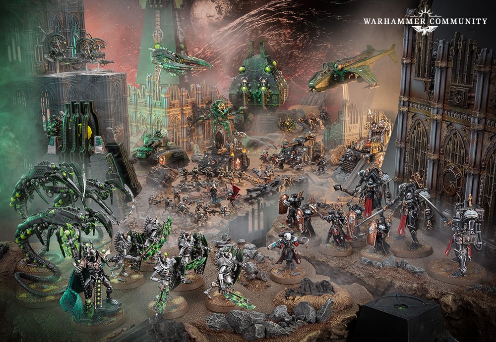 An army of Sisters of Battle miniatures taking on an army of Necron during a Warhammer 40K Crusade mission found in the new Pariah Nexus book.