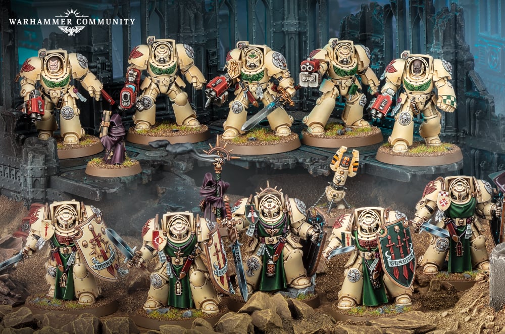 A squadron of 10 painted Warhammer 40K Deathknight Dark Angels miniatures from Games Workshop.