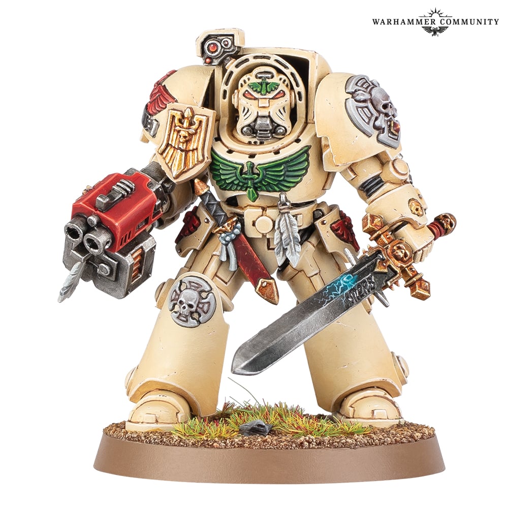 A painted Dark Angels Deathwing Terminator with weapons from the new upgrade sprue.