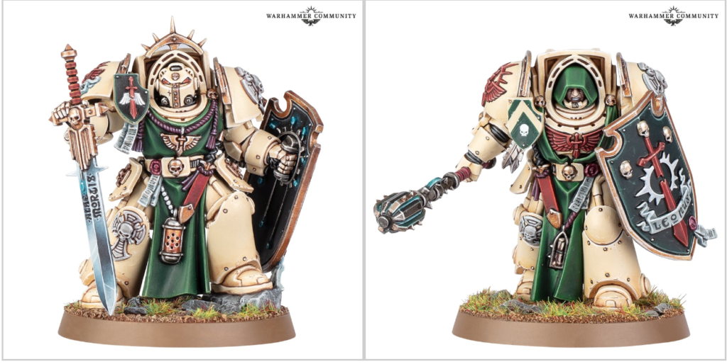 Two painted Dark Angels Death Knight Master miniature wielding a power sword and mace from the new upgrade sprue.