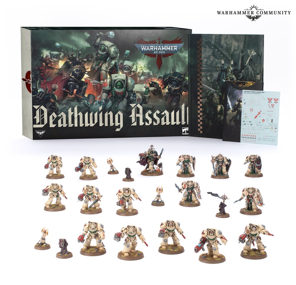 The new Warhammer 40K Deathwing Assault box set, featuring the sixteen miniatures, packaging, codex and transfers.