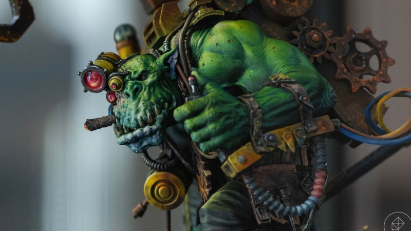 An Ork warrior which won the 2023 Golden Demon diorama award.