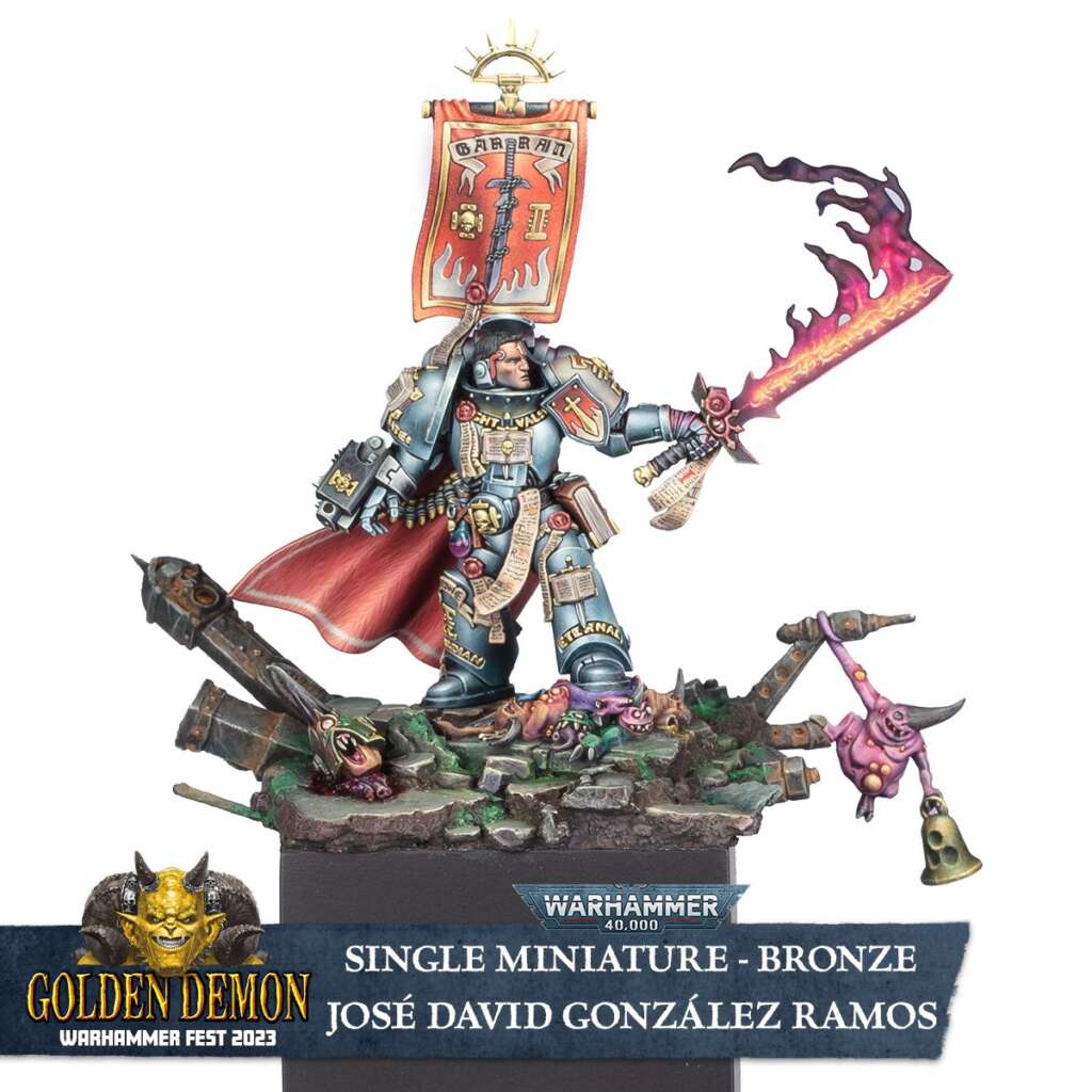 A Space Marine captain which won the 2023 Golden Demon award for best single miniature.