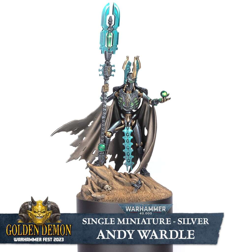 A Necron Overlord which won the 2023 Golden Demon award for bet single miniature.