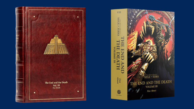 The two cover versions of the upcoming Horus Heresy novel "The End and the Death: Volume III," by Dan Abnett, one of which is leather bound and the other featuring original artwork of the Emperor fighting Horus.