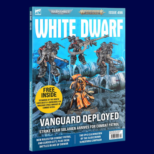 The cover to White Dwarf issue #496 featured the new Warhammer 40K Space Marine Combat Patrol.