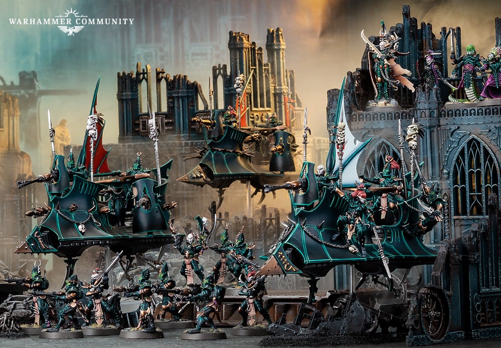 A painted army of miniatures for the new Skysplinter Assault Drukhari Detachment during a game of Warhammer 40K 10th edition.