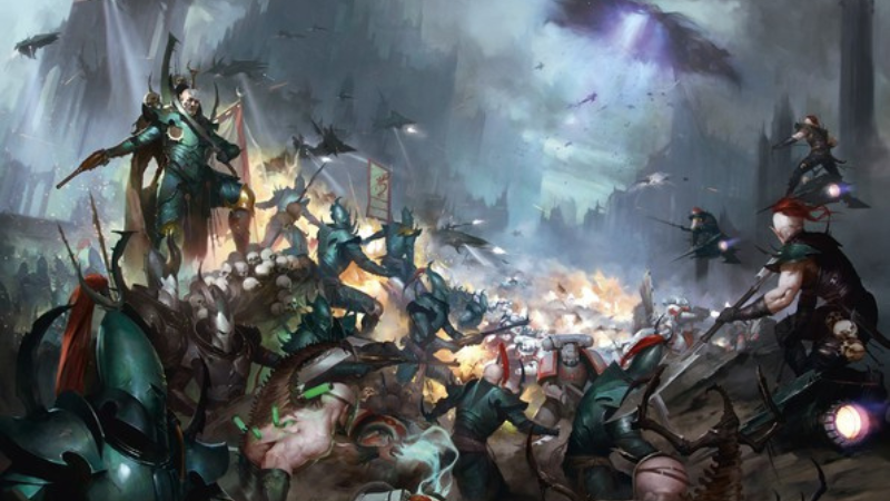 An army of Drukhari warriors charging into battle against a legion of Space Marines.