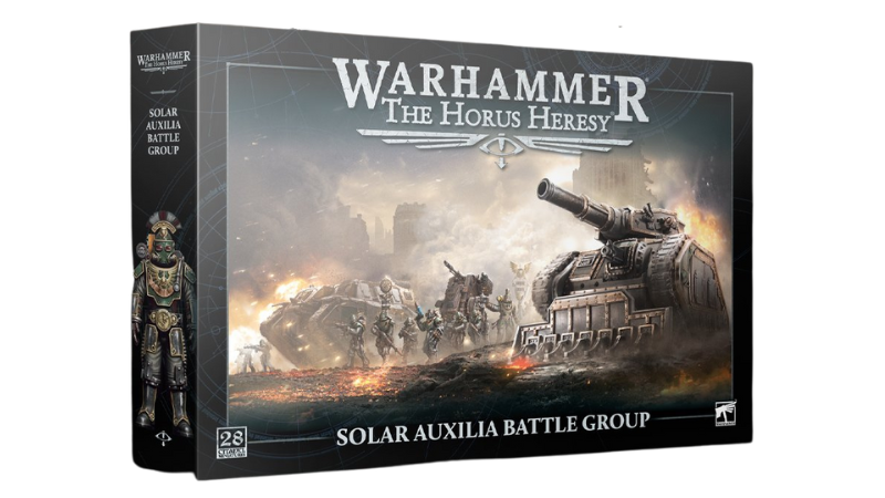 The box set of the new "Solar Auxilia Battle Group" expansion for Warhammer The Horus Hersey.