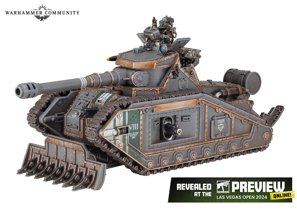 A painted Malcador tank miniature featured in the "Solar Auxilia Battle Group" box set.