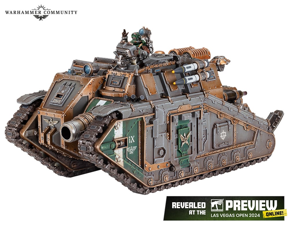 A painted Leman Russ tank miniature featured in the "Solar Auxilia Battle Group" box set.