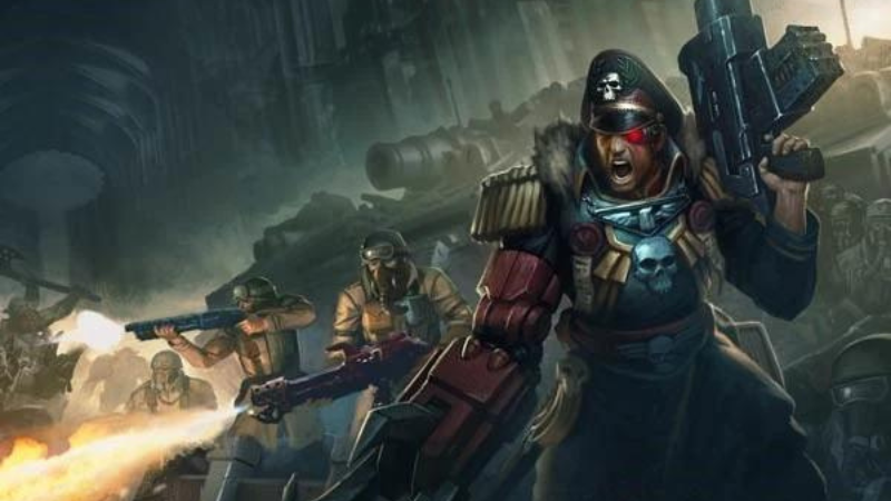 Commissar Sebastian Yarrick from Warhammer 40K leading a group of Imperial Guard members in a battle.