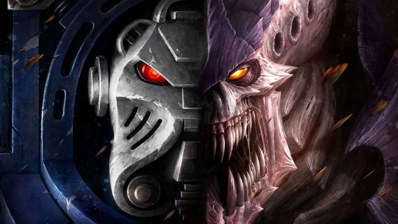 Cover art to the Warhammer 40K Leviathan box set, featuring a Space Marine helmet on one side and a Tyranid face on the other.