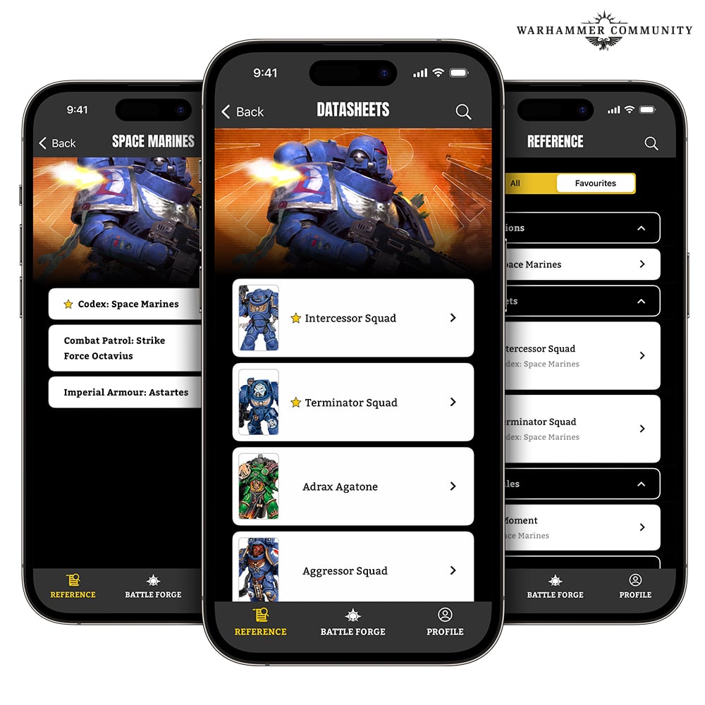 Several screenshots of the Warhammer 40K App showing the new "Favourites" feature which can be found under the Reference section of the app.