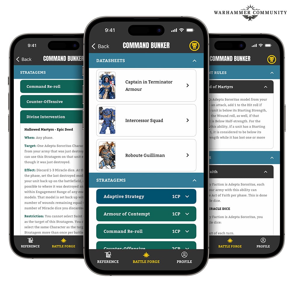 Several screenshots of the Warhammer 40K App showing the new "Command Bunker" feature.