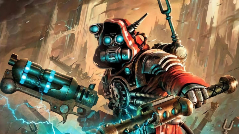 An Adeptus Mechanicus techpriest from Warhammer 40K wielding a plasma pistol, with an Imperial Hive City in the background behind them.