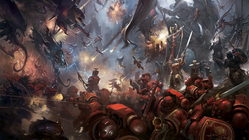 A group of Warhammer 40K Blood Angel Space Marines battling an army of Tyranids.