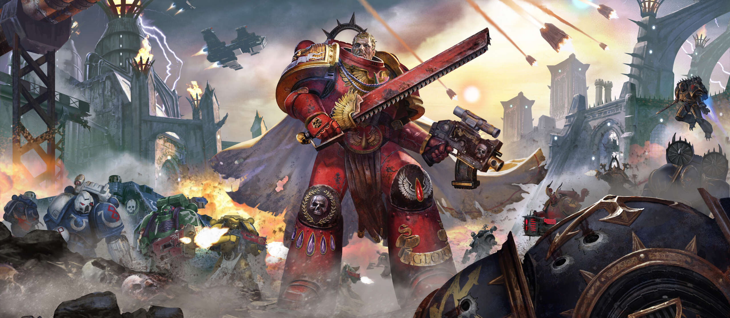 A Warhammer 40K Space Marine standing on a battlefield holding a chainsword and bolt pistol.