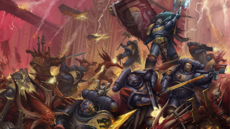 A group of Warhammer 40K Space Marines battling Chaos Demons.