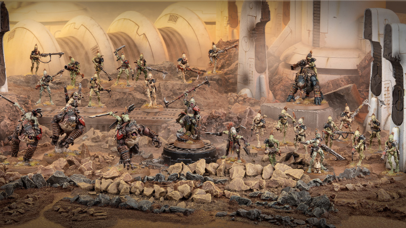 A fully painted army of miniatures featured in the new Warhammer 40K Kroot Hunting Pack box set.