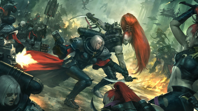 A group of Warhammer 40K Adepta Sororitas Sisters of Battle in hand-to-hand combat with a group of female Drukhari warriors.