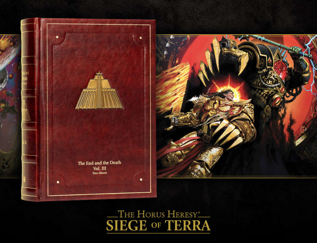 The limited edition leather bound version of the Warhammer 40K book "The End and the Death Vol. III," which was recently relisted by Games Workshop due to issues with online scalpers.