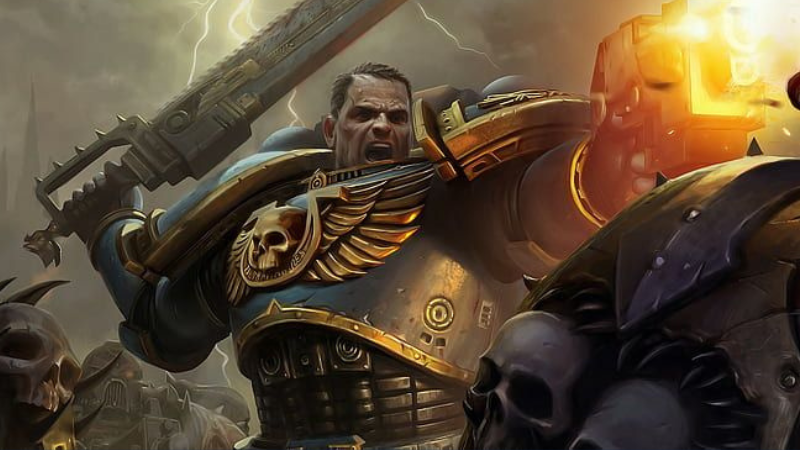Warhammer 40K's Captain Titus blasting a chaos warrior in the face with a bolt gun.