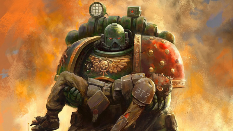 A Space Marine carrying the body of a wounded Imperial Guardsman.