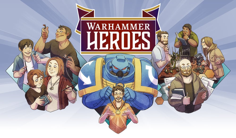 The official Warhammer Heroes logo and accompanying promotional art from Games Workshop.