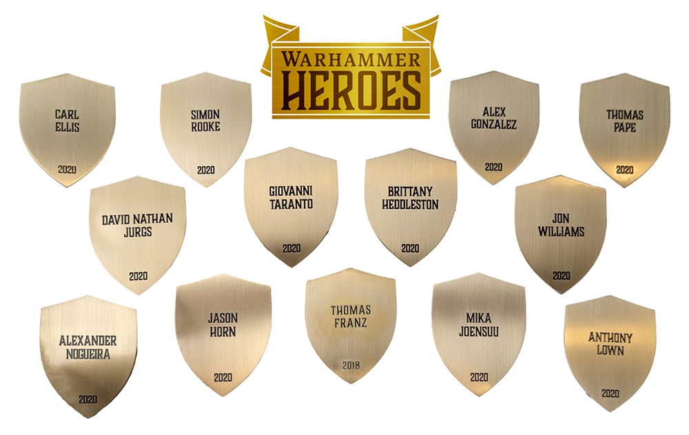 The full list of 2020 Warhammer Heroes winners, with each name featured in a plaque.