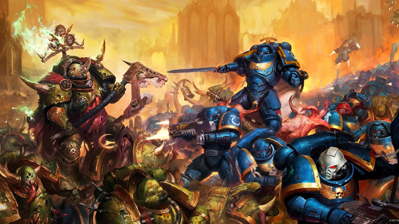 A band of Warhammer 40K Ultramarines battling a horde of Chaos Space Marines on a war torn planet.