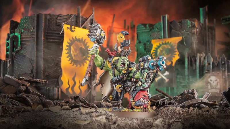 The new Ufthak Blackhawk model which is fully painted and standing in front of Warhammer 40K tabletop terrain.