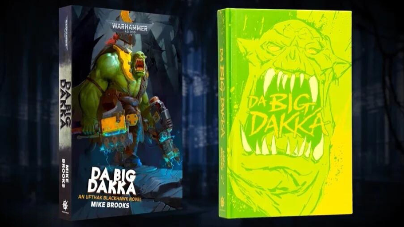 The regular cover and alternate "neon greenskin" special edition cover to the upcoming Warhammer 40K novel "Da Big Dakka" by Mike Brooks.