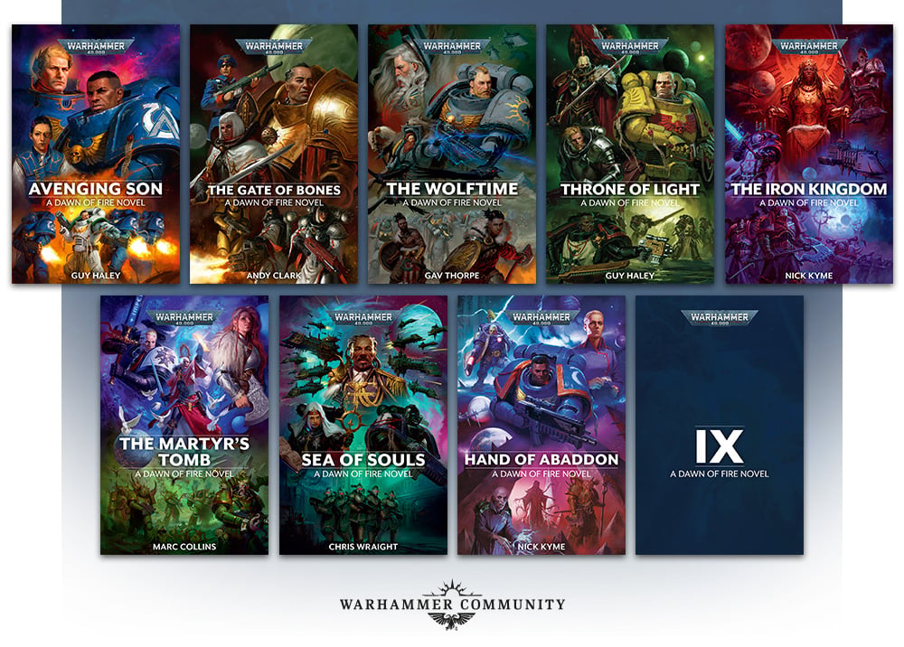The covers to the eight books featured in the Warhammer 40K Dawn of Fire series.