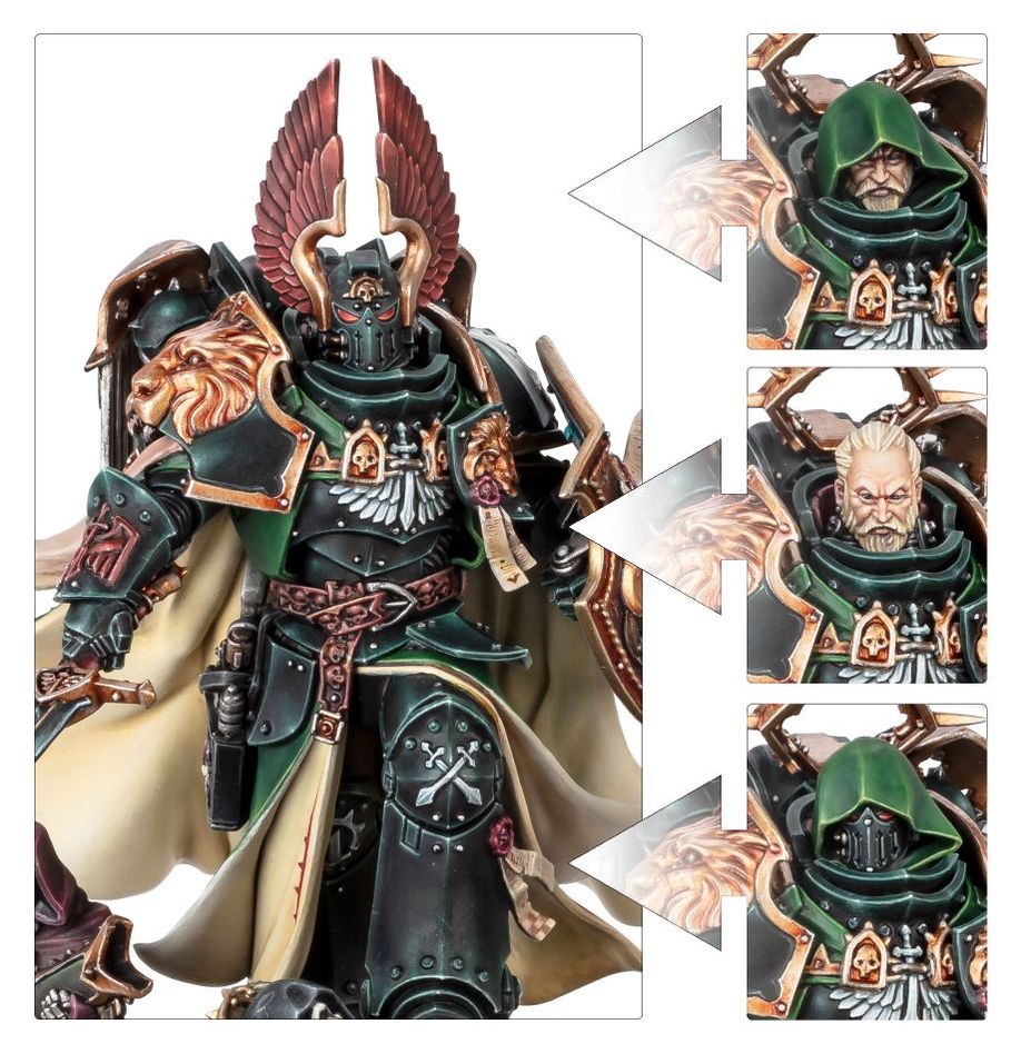 The Warhammer 40K 10th Edition Lion El'Jonson model, featuring the four possible head configurations.