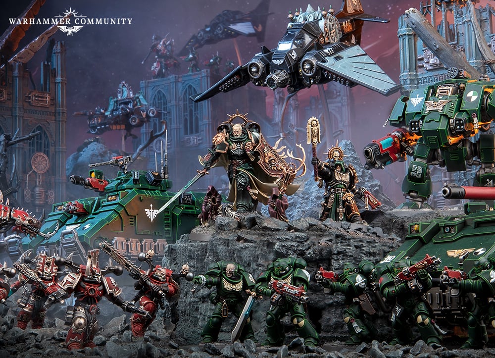 The painted Lion El'Jonson miniature leading an army of Dark Angels Space Marines into battle on a piece of terrain.