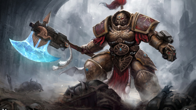 A Warhammer 40K Adeptus Custodes warrior with a power axe.