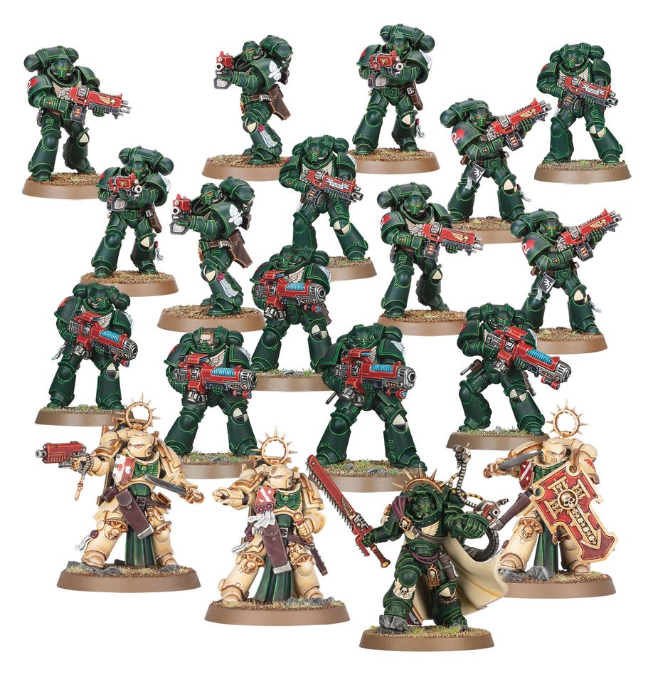 The 19 fully painted models included in the new 2024 Dark Angels Combat Patrol for Warhammer 40K 10th edition.