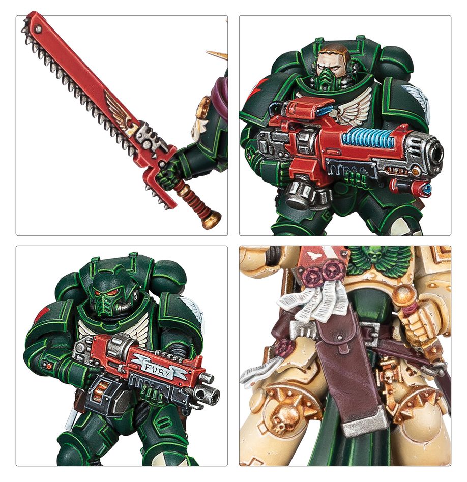 A close up of the weapons and accessories in the new 2024 Dark Angels Combat Patrol.