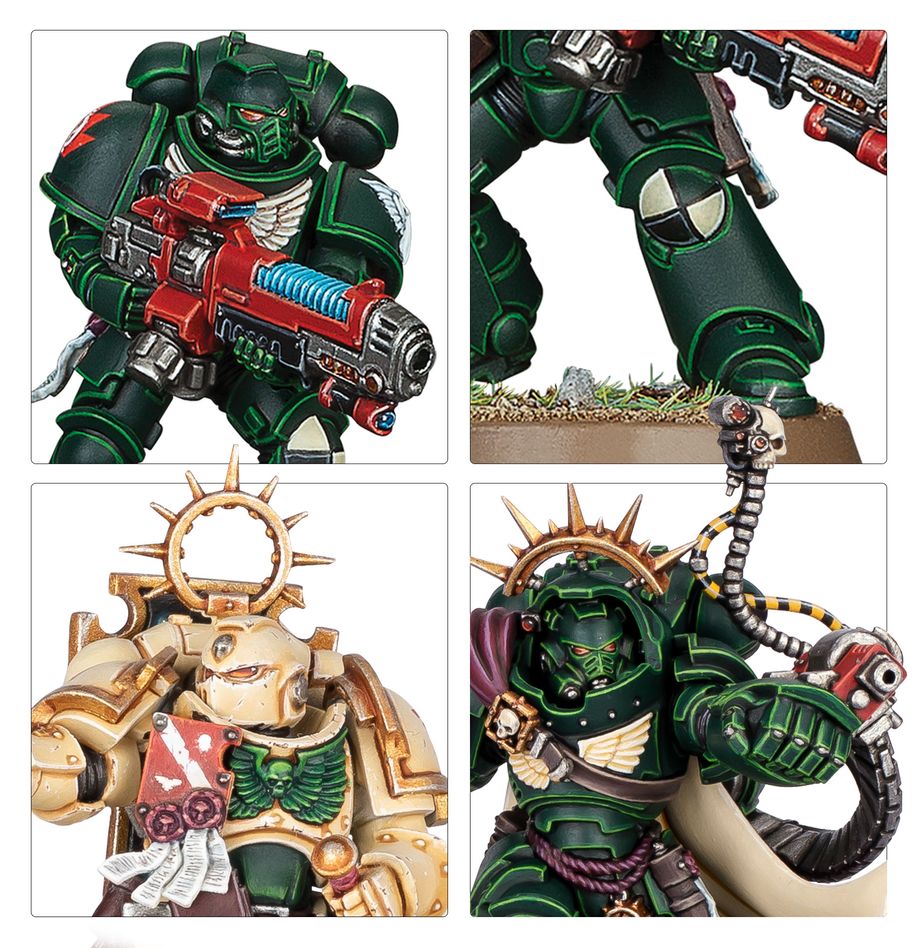 A close up of two of the models included in the 2024 Dark Angels Combat Patrol for Warhammer 40K 10th edition.