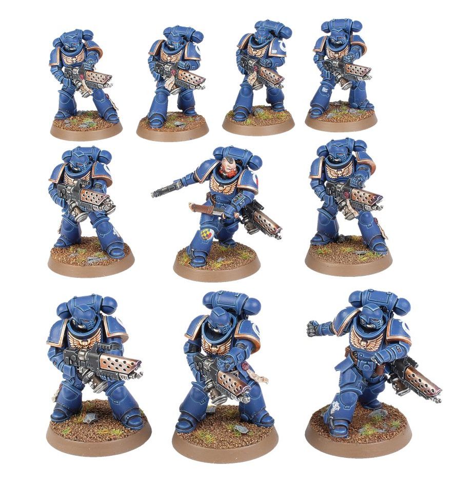 The 10 models included in the new Warhammer 40K Space Marines Infernus Squad box set.