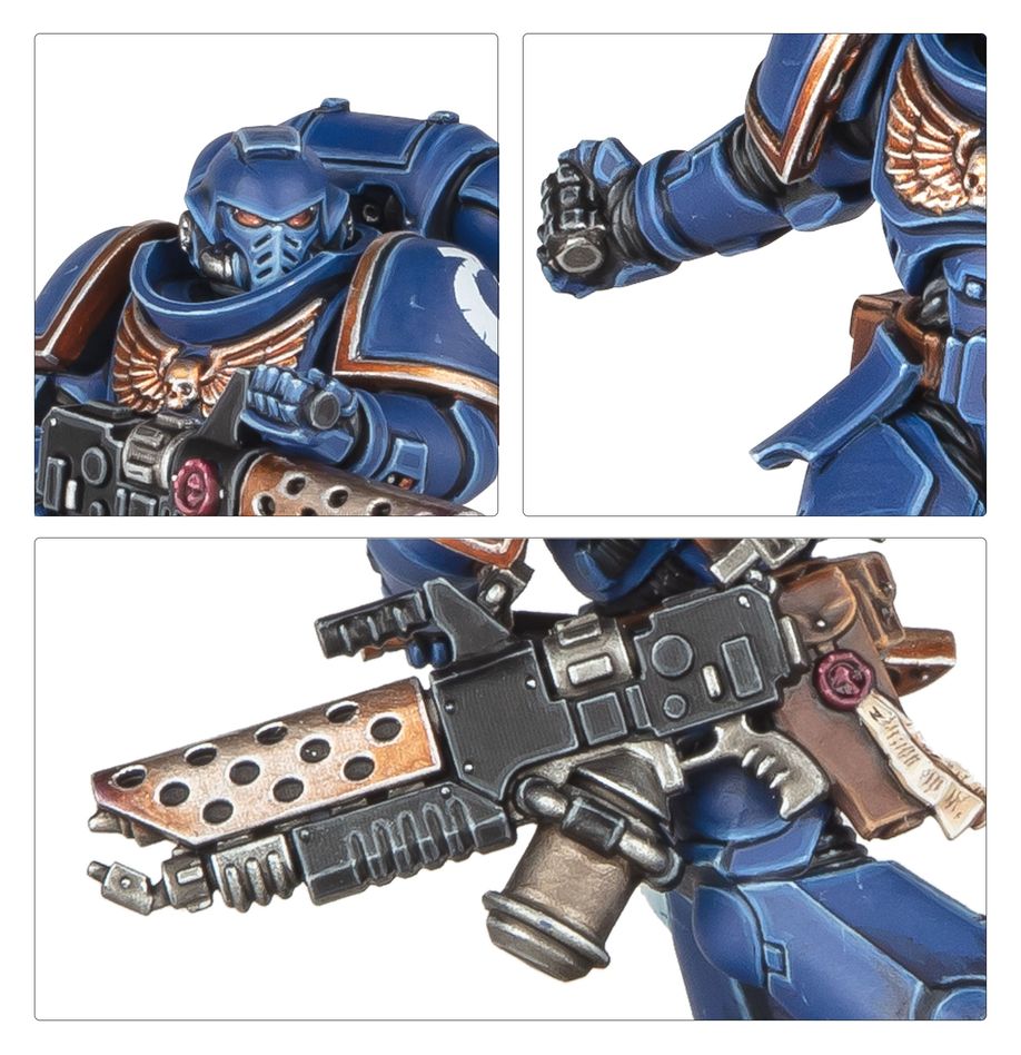 A close up of the various weapons and accessories used by an Infernus Squad Space Marine.