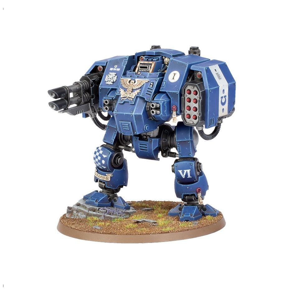 A painted and based version of the Ballistus Dreadnought model for Warhammer 40K.