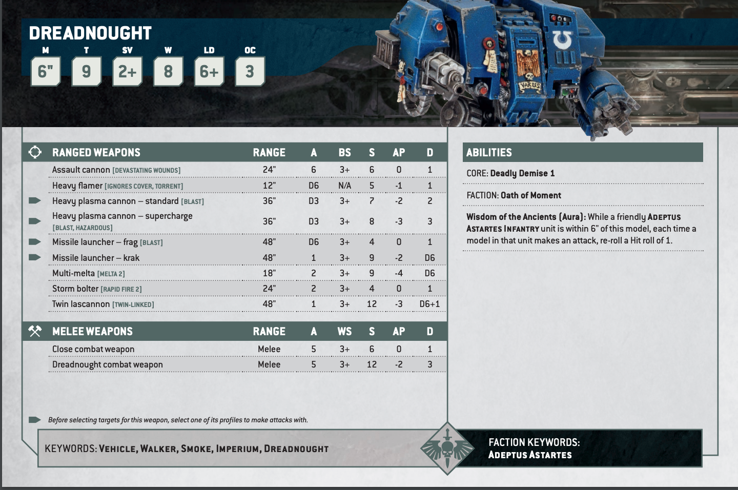 The Warhammer 40K 10th edition datasheet for the Ballistus Dreadnought model.